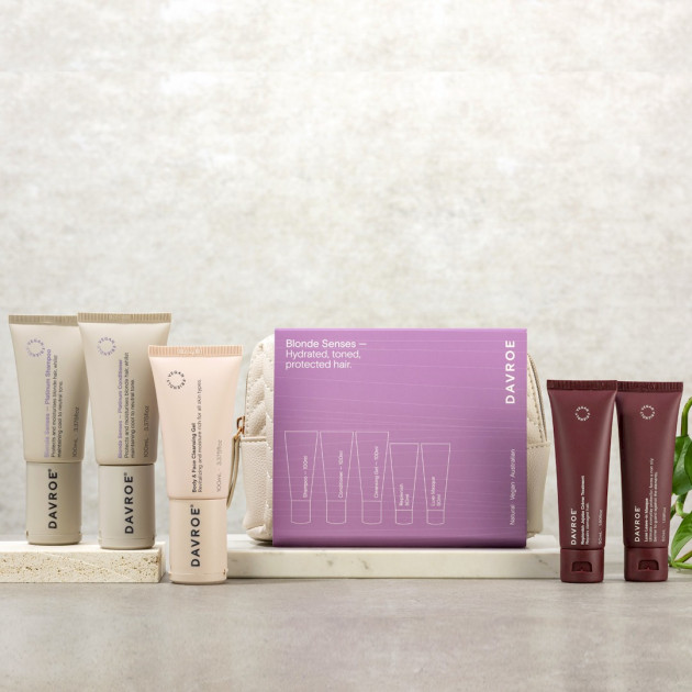 Davroe Travel Pack Blonde Senses Distributor Відновлюючий набір з косметичкою для фарбованого світлого волосся з тонуючим ефектом
