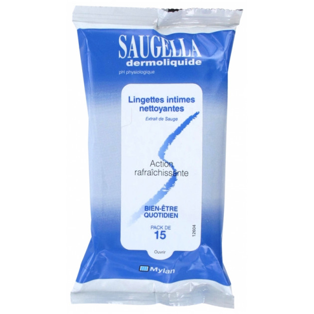 Saugella Dermoliquide 15 Lingettes Intimes Nettoyantes Серветки для інтимної гігієни з екстрактом шалфею і молочною кислотою